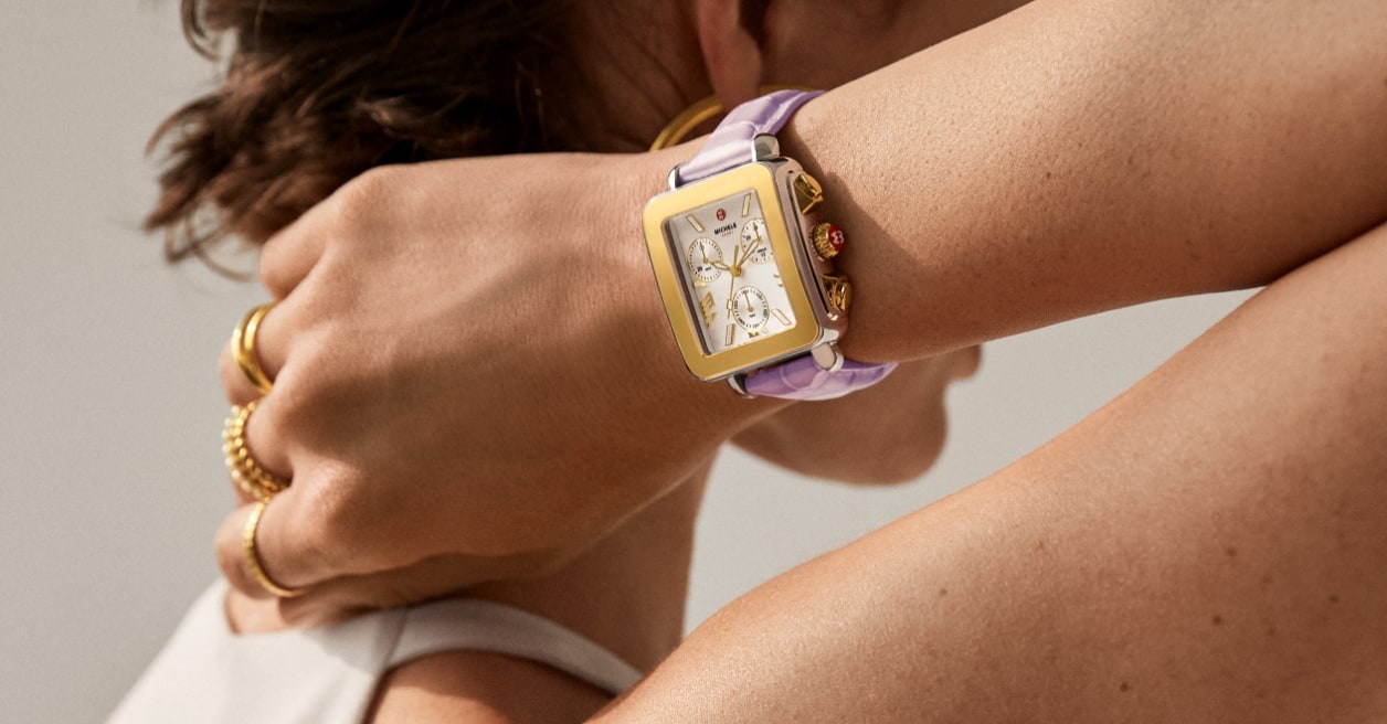 Woman wearing the Deco Sport Two-Tone Lavender Leather Watch
