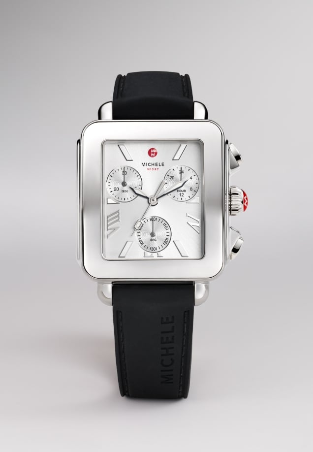 The Deco Sport Chrono watch in stainless steel plating with a black silicone band