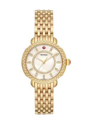 Sidney Classic watch featuring round mother-of-pearl dial, diamond-covered bezel and 18k gold seven-link bracelet.