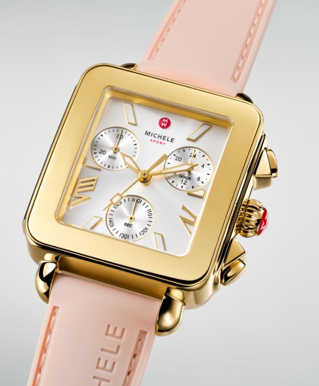 Detail shot of the Deco Sport Chrono watch featuring a Ballet Pink silicone strap.