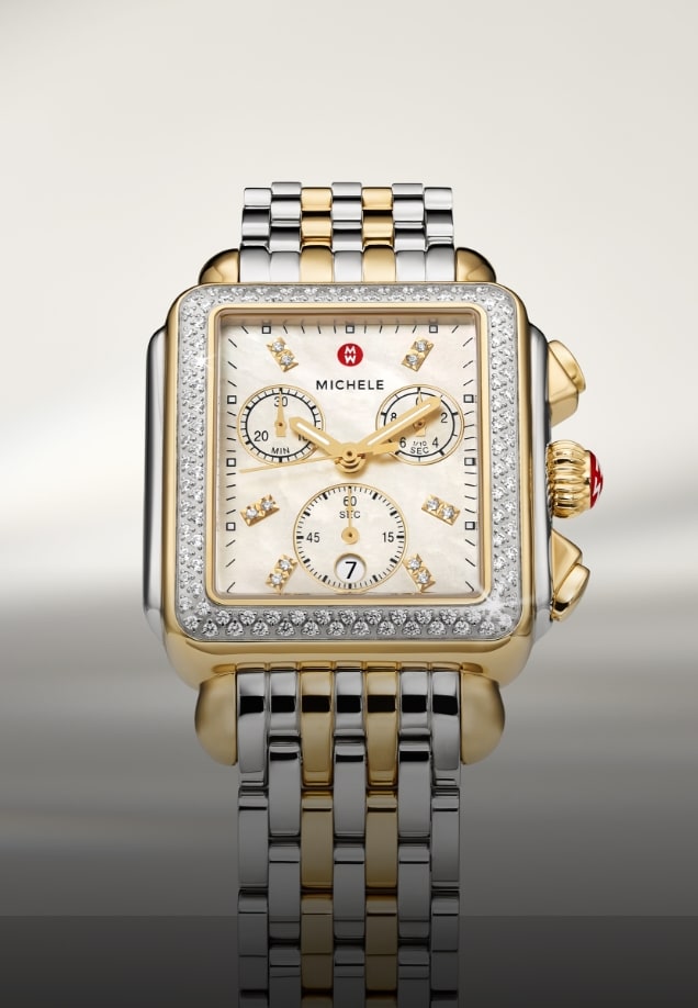 Two Deco Diamond High Shine watches showcasing the silver and gold High Shine straps