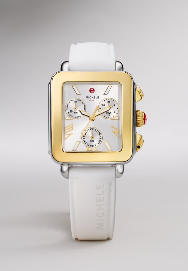 The Deco Sport Chrono watch in two-tone plating with a white silicone band
