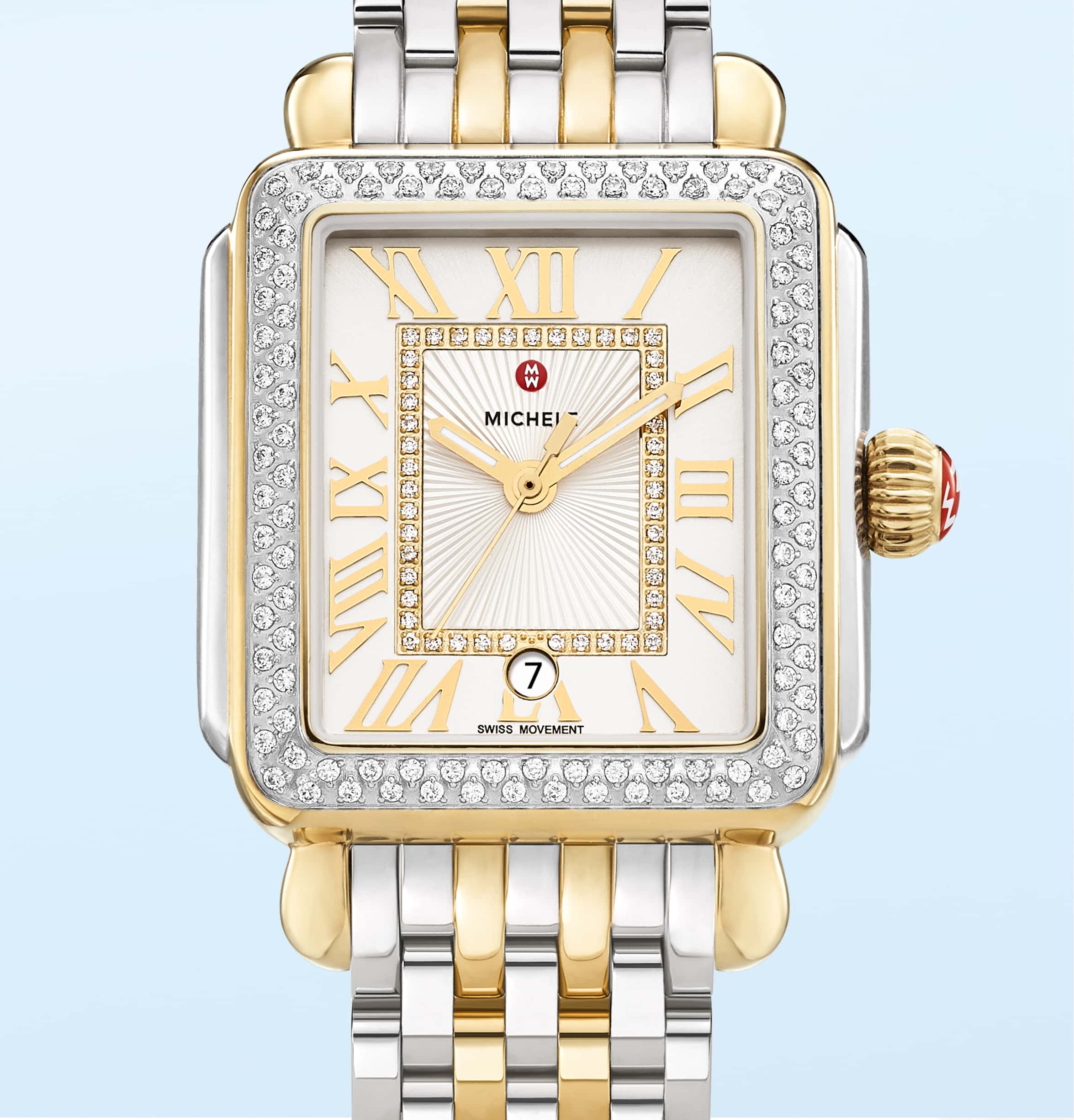 Deco Madison Mini watch featuring double-wrap seven-link bracelet in 18K gold.
