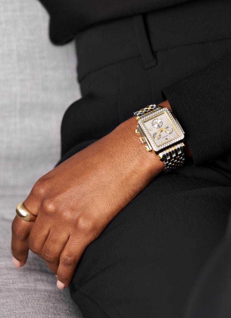 The Deco Diamond High Shine Two-tone 18K Gold-plated watch shown on a wrist