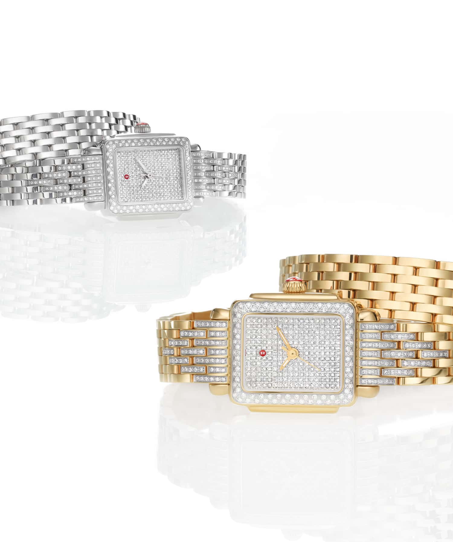 The Deco Madison Mini Pavé diamond watch with a 226-count pavé diamond dial and 210 hand-set diamonds along the case and a seven-link double wrap bracelet.