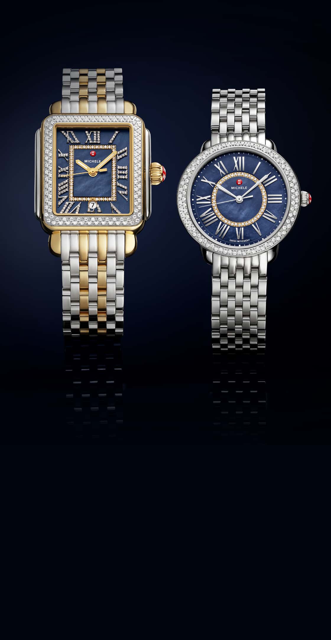 Deco Madison Diamond Midnight and Serein Mid Diamond Midnight watches by MICHELE in Ocean Blue dials