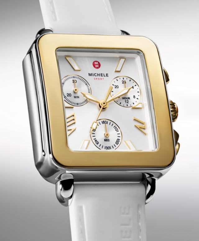 Close up of the Deco Sport Chrono watch in two-tone plating with a white silicone band