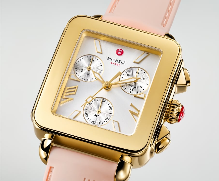 Detail shot of the Deco Sport Chrono watch featuring a pink silicone strap