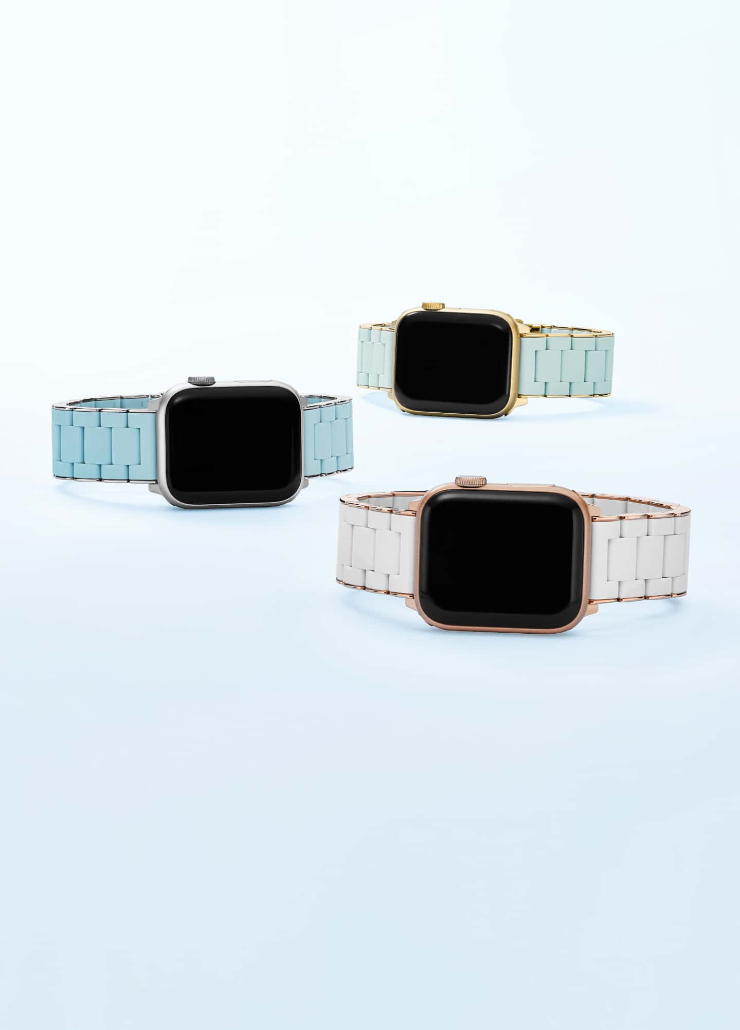 Seven-link bracelet bands in stainless with 18K yellow gold and stainless with 18K pink gold.