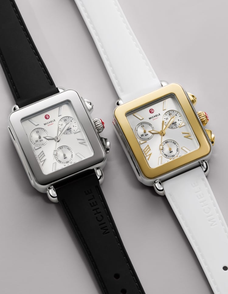 Three Deco Madison Diamond Mini watches showcasing 18K gold, two-tone, and stainless steel plating