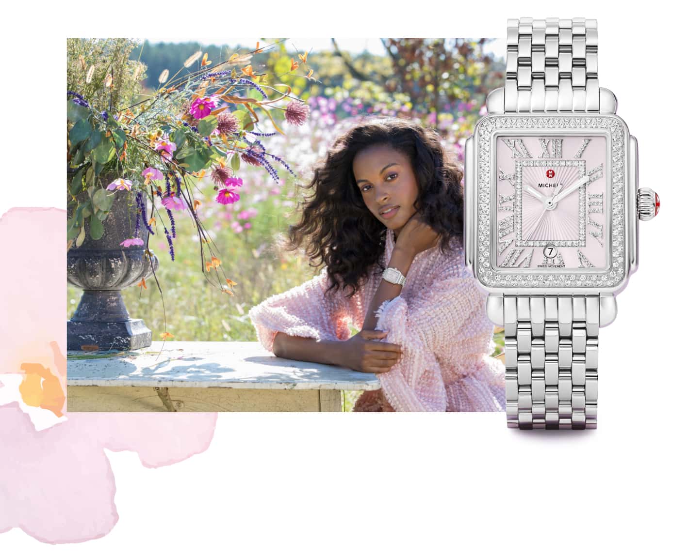 Fashionable woman wearing Deco Madison watch featuring a lilac dial, diamond-covered Roman numeral indexes and stainless bracelet.
