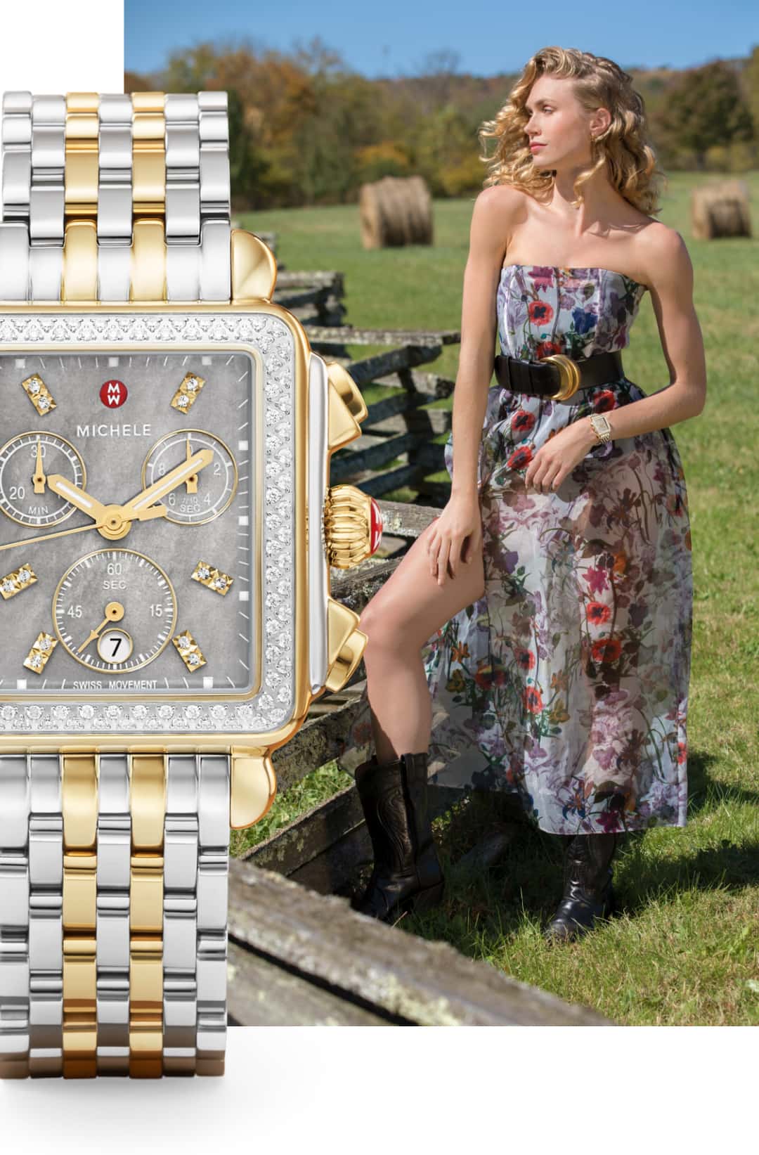 Stylish woman wearing Deco Diamond in Slate.