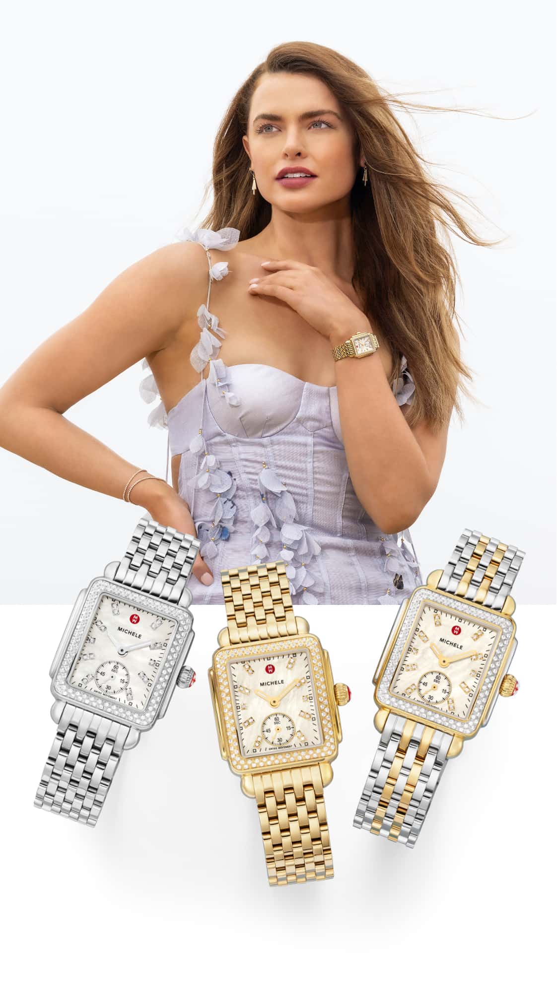 two images of a woman in a lilac dress flanking images of three Deco Mid watches in stainless, gold and two-tone platings