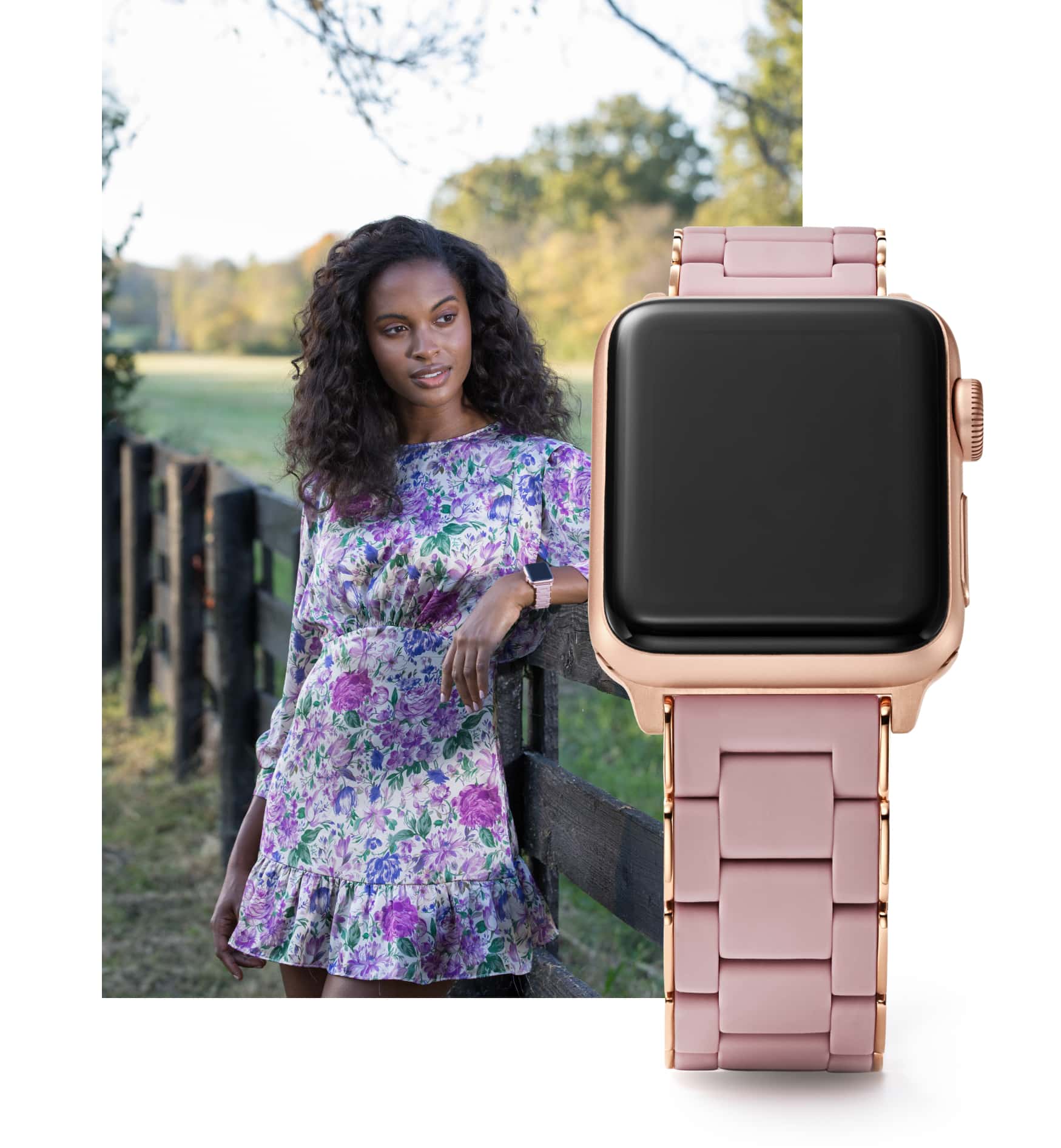 Stylish woman wearing silicone-wrapped band.