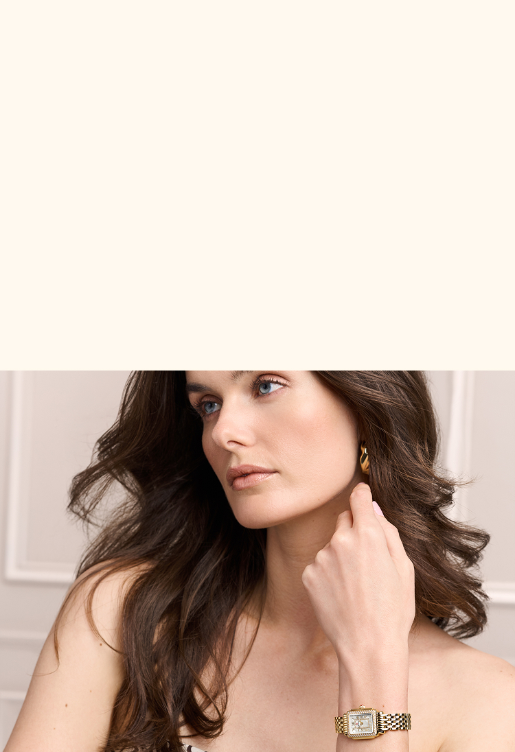 Model wearing Deco Madison Mini with feature shots of the Deco Madison Mini and Serein Oval to the right