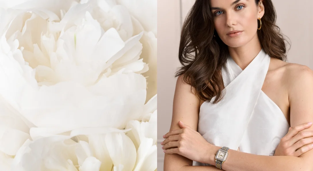 A woman wearing the Deco Madison Mid Diamond Two-tone 18K Gold-plated watch
