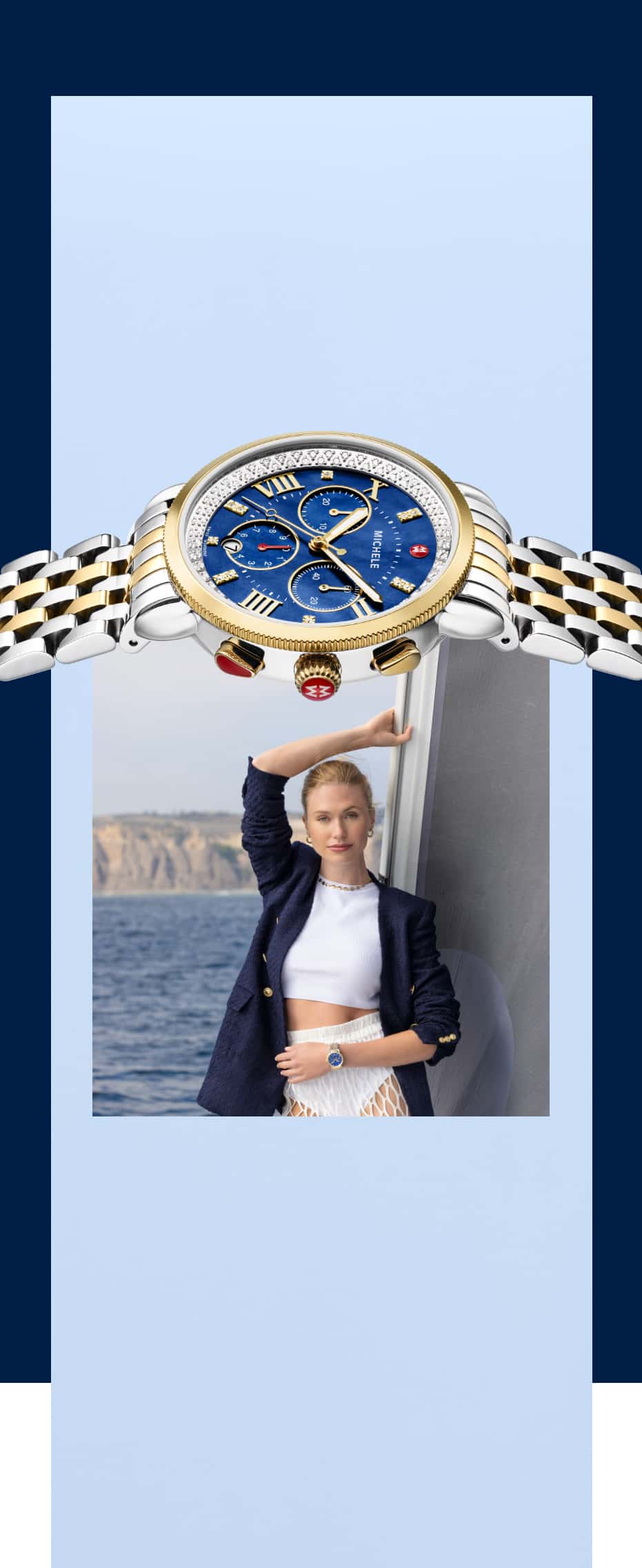 woman in navy blazer and white swimsuit on a boat wearing a cobalt blue MICHELE Sport Sail watch