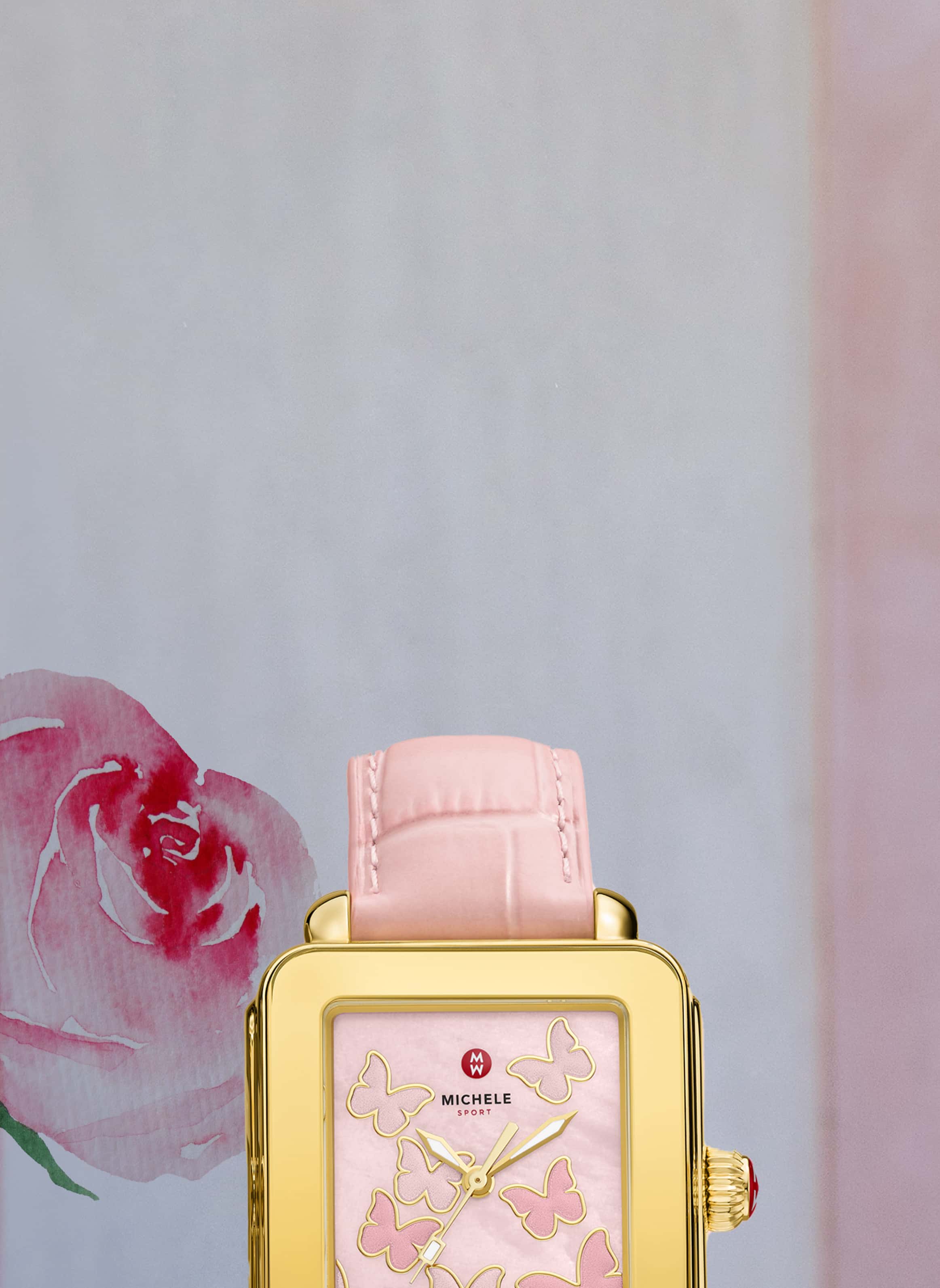 Deco Sport watch with pink croco strap, pink dial and pink butterflies.