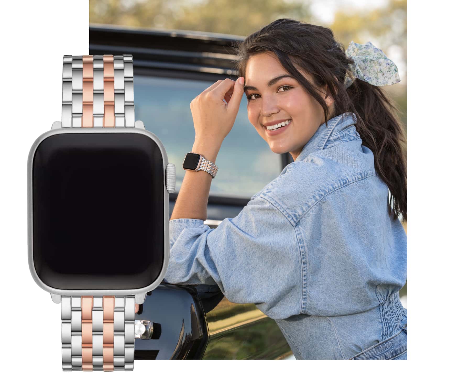Stylish young woman wearing seven-link two-tone band in stainless and pink gold-plating.