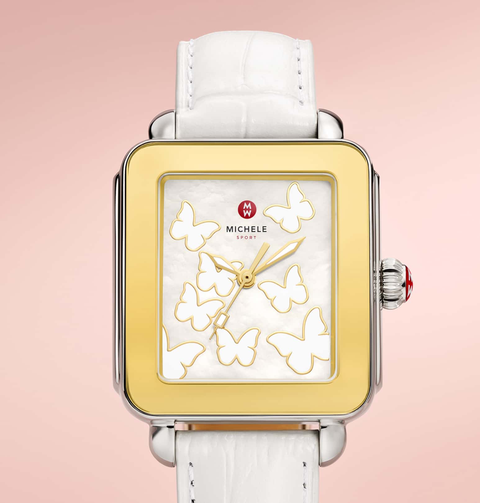 white MICHELE deco sport watch with butterflies on the dial