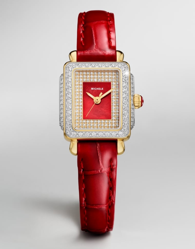 Detail shot of the Special Edition Deco Mini Pavé watch featuring a Ruby Red mother-of-pearl and pavé dial and Ruby Red croco-embossed leather strap