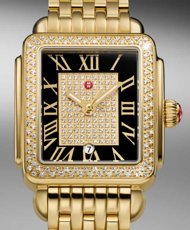 Detail shot of the Limited Edition Deco Madison Mid Pavé 18K Gold-plated watch