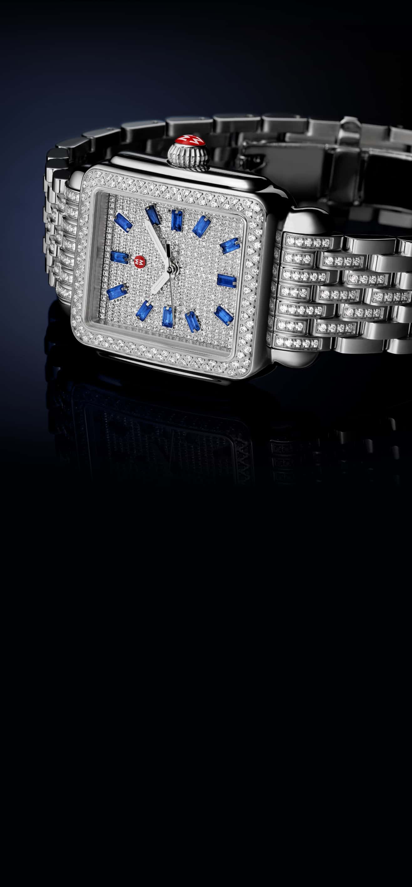 close up of MICHELE Deco Diamond Pave Sapphire watch