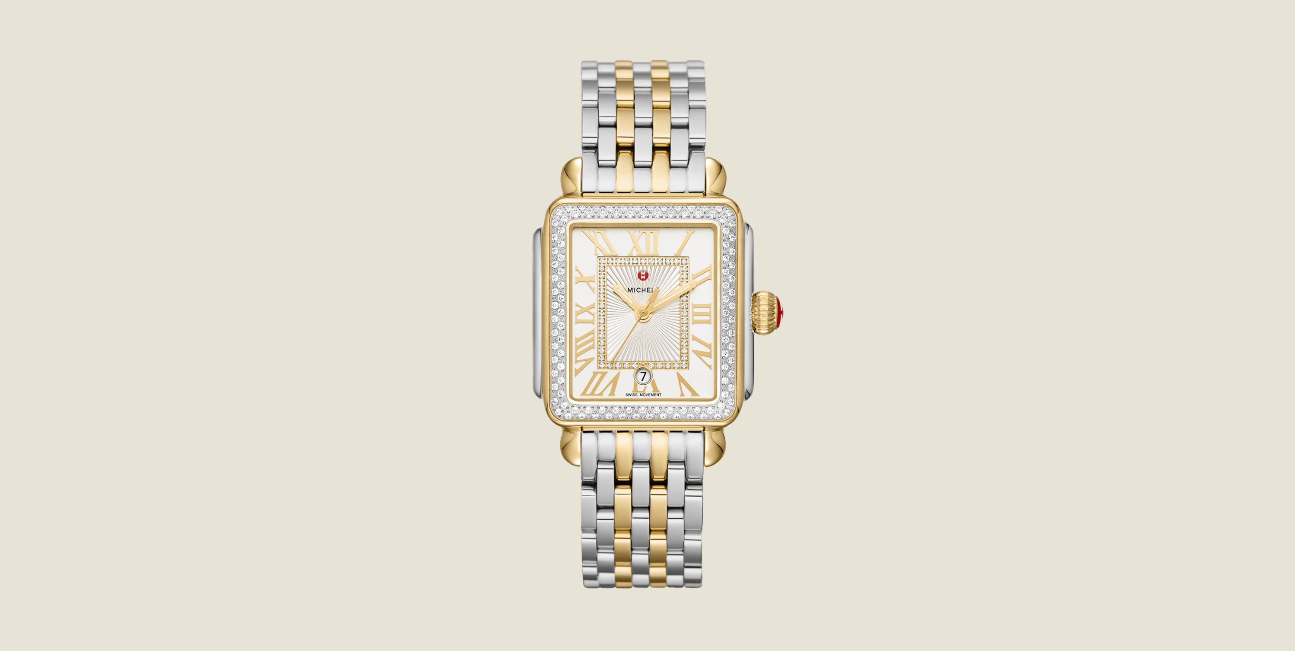 Detailed shot of the Deco Madison White Ceramic Diamond Watch 
