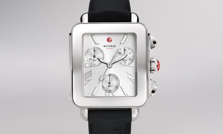 Detail shot of the Deco Sport Chrono watch in stainless steel plating with a black silicone band