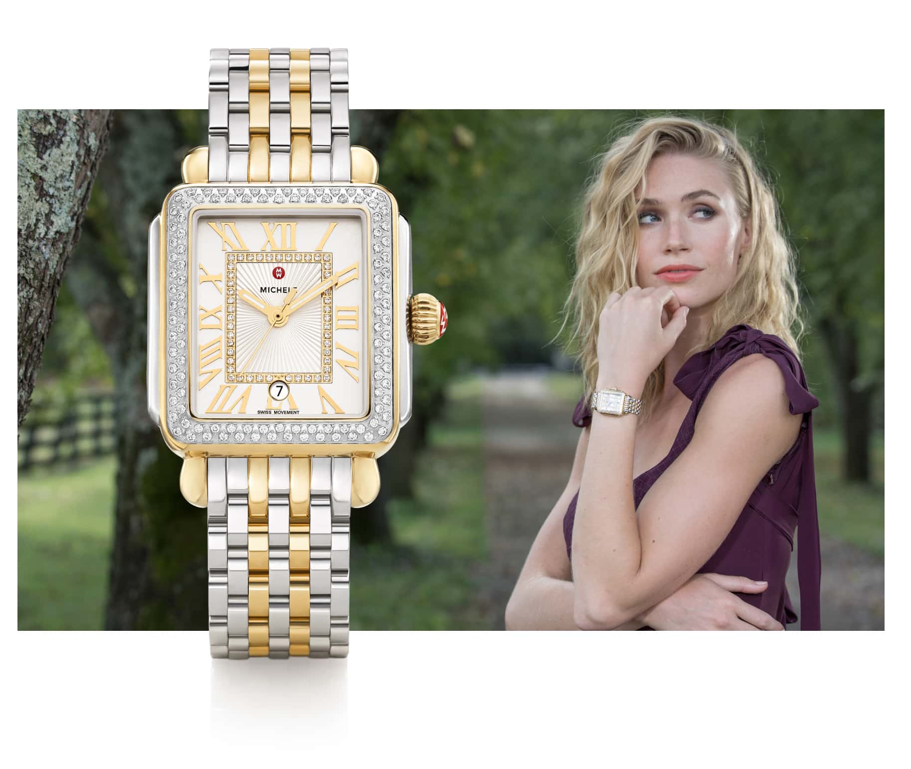 Fashionable woman wearing Deco Madison watch in stainless and 18K gold.