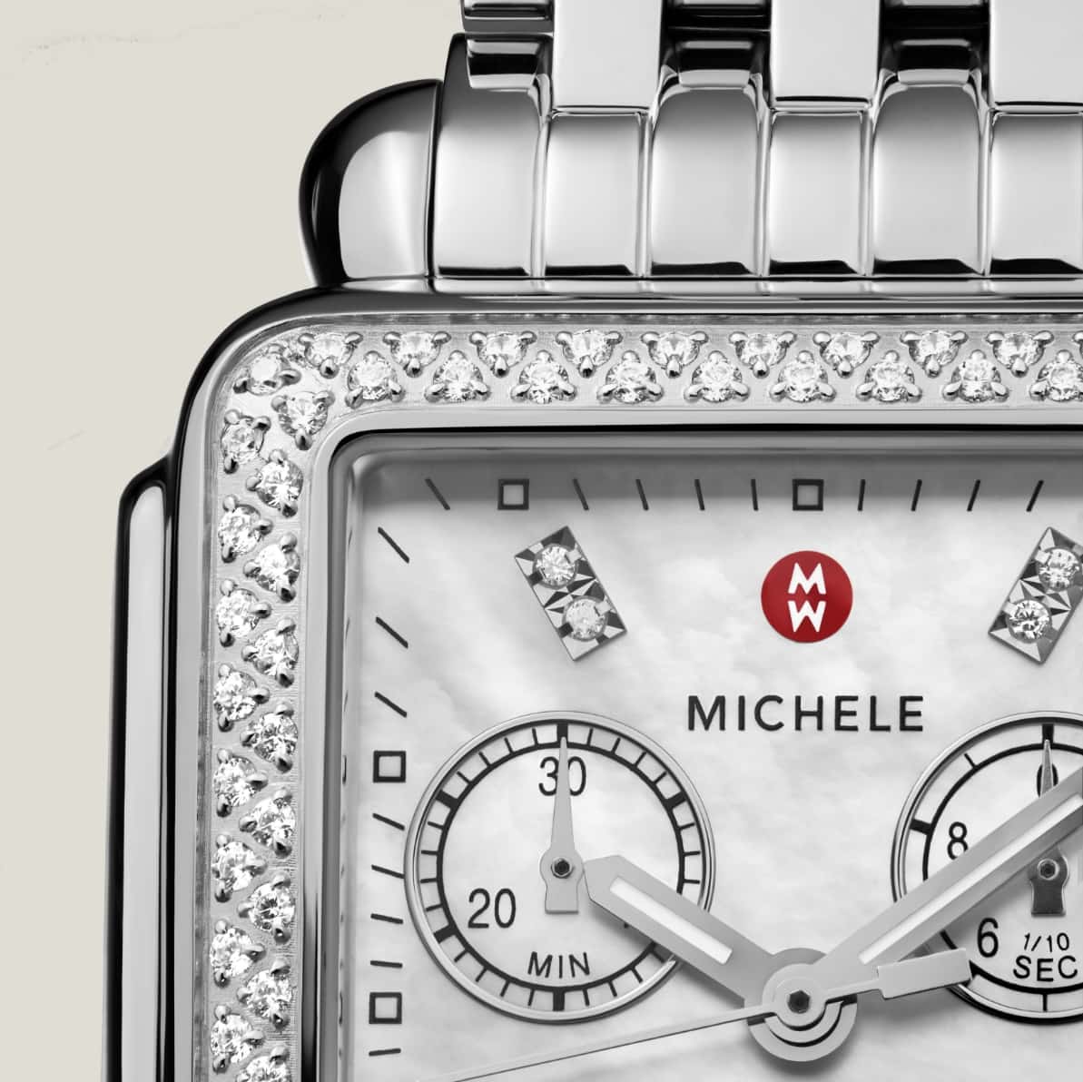 Detail shot of the MICHELE Deco stainless steel watch