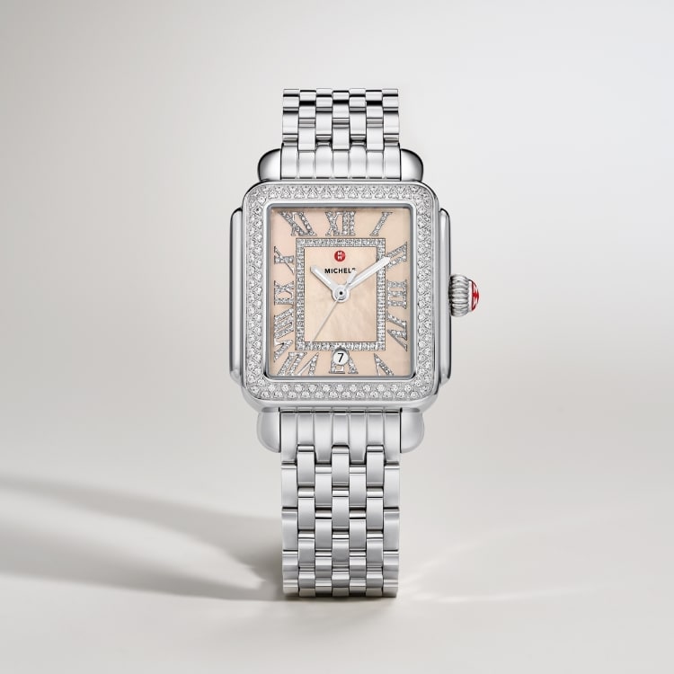 Detailed shot of the Deco Madison Diamond Apricot watch in stainless