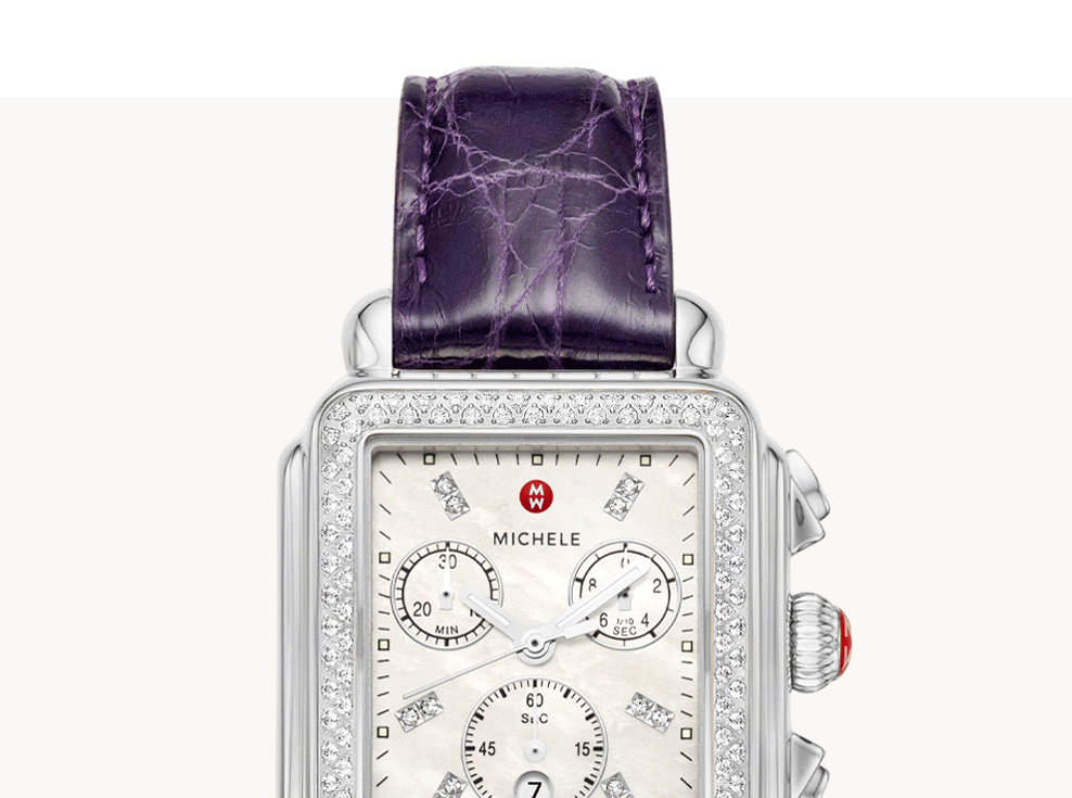 Iconic Deco watch in stainless featuring mother-of-pearl dial, diamond-covered bezel and signature seven-link bracelet.