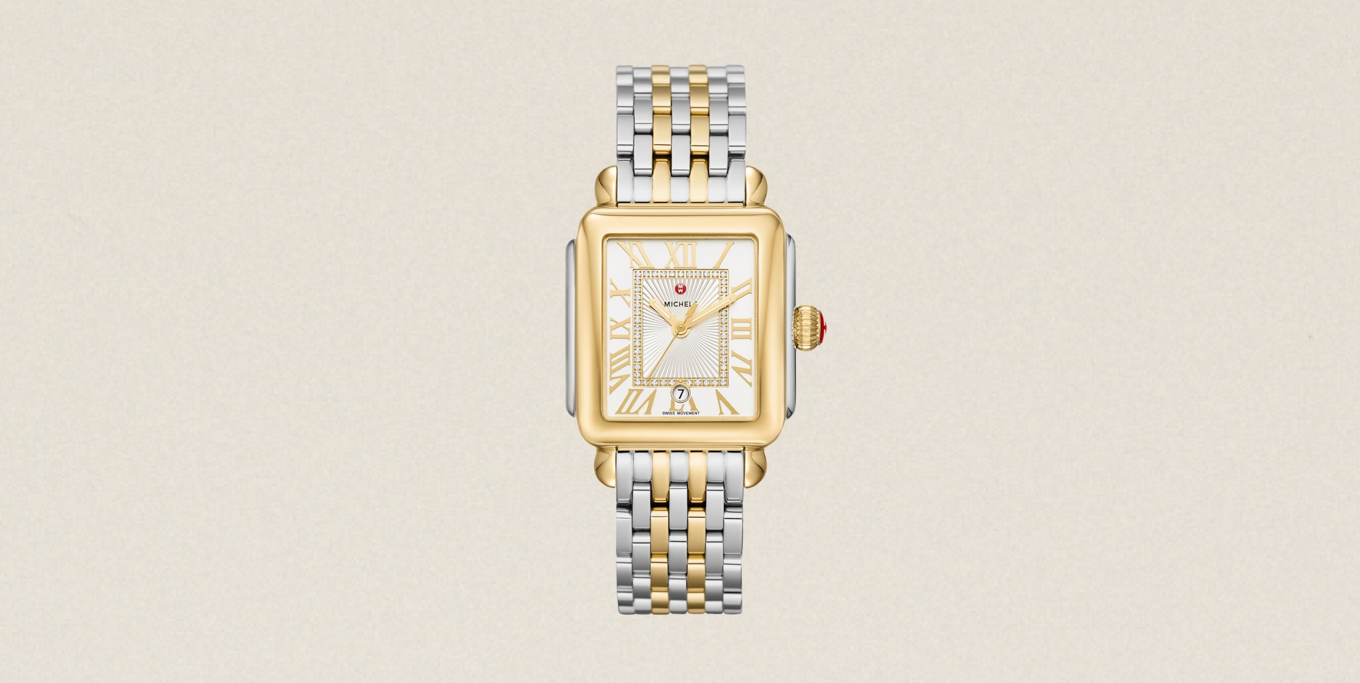 Detail shot of the Deco Madison Diamond Dial 18K Gold-plated watch