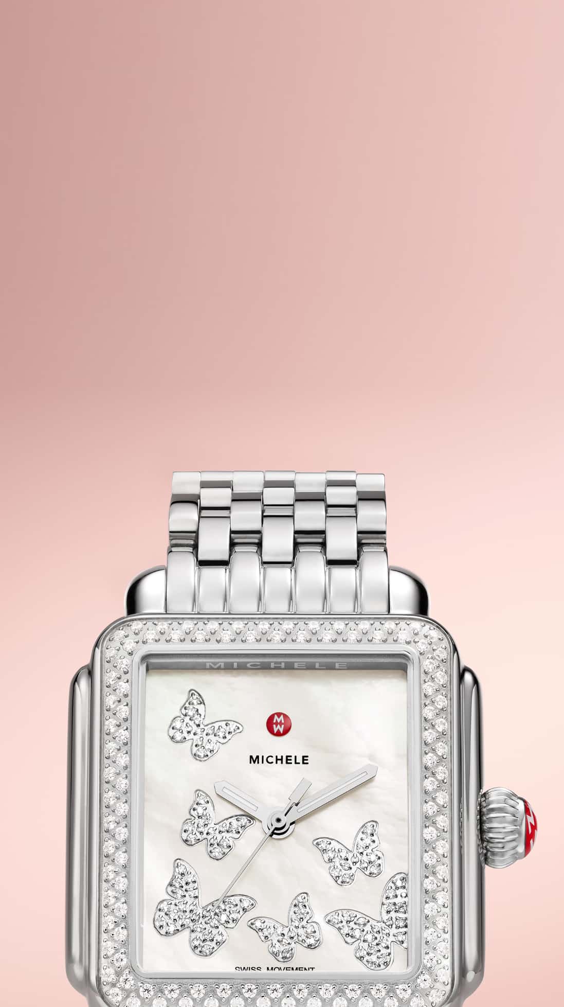 deco diamond watch by MICHELE in stainless with diamond butterflies