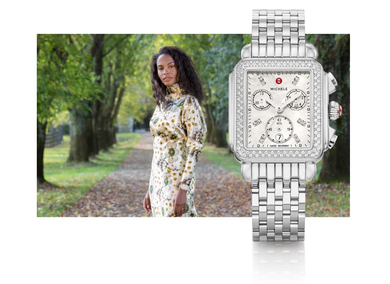 Chic woman in floral-print dress wearing Deco watch in stainless.