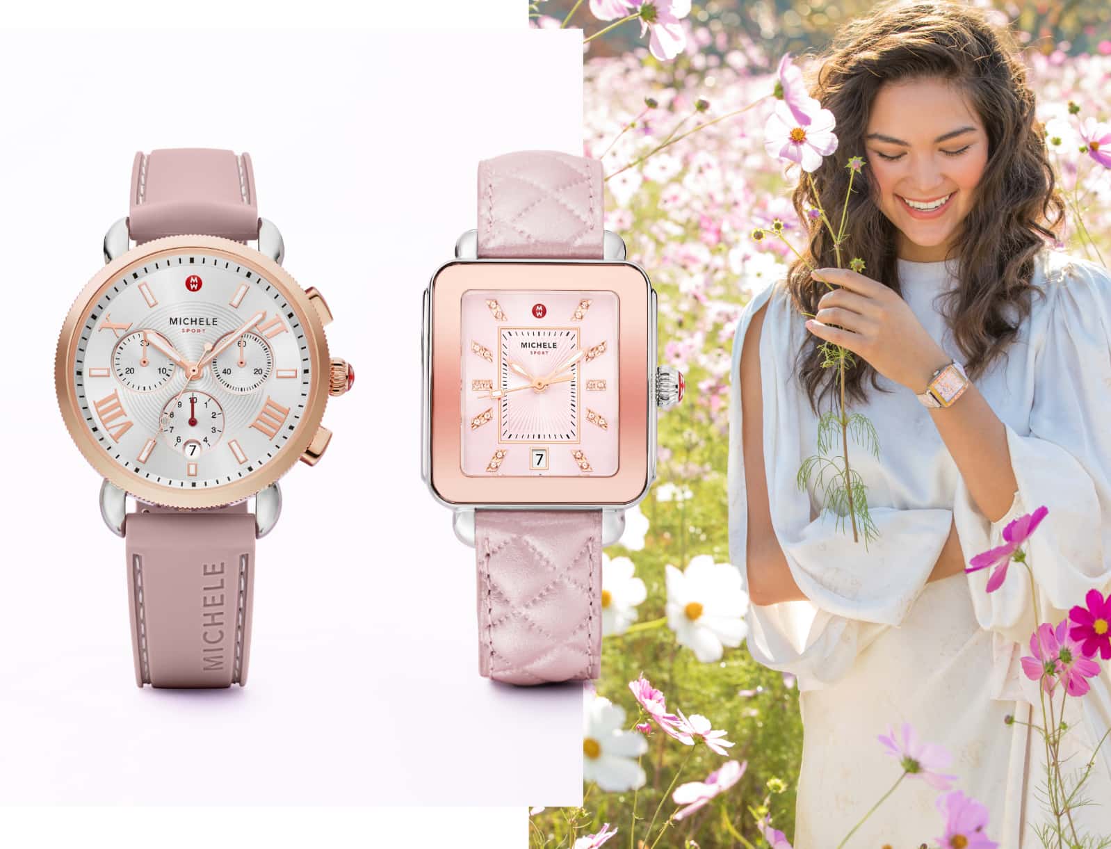 Stylish young woman in a field of flowers wearing Deco Sport watch in lilac.