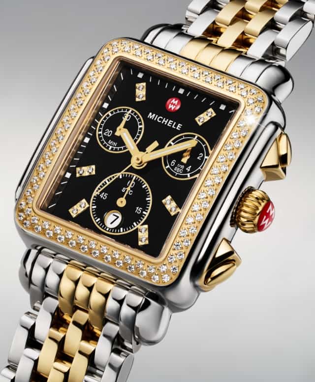 Detail shot of the Deco Diamond Two-Tone 18K Gold-plated watch in Noir Gloss