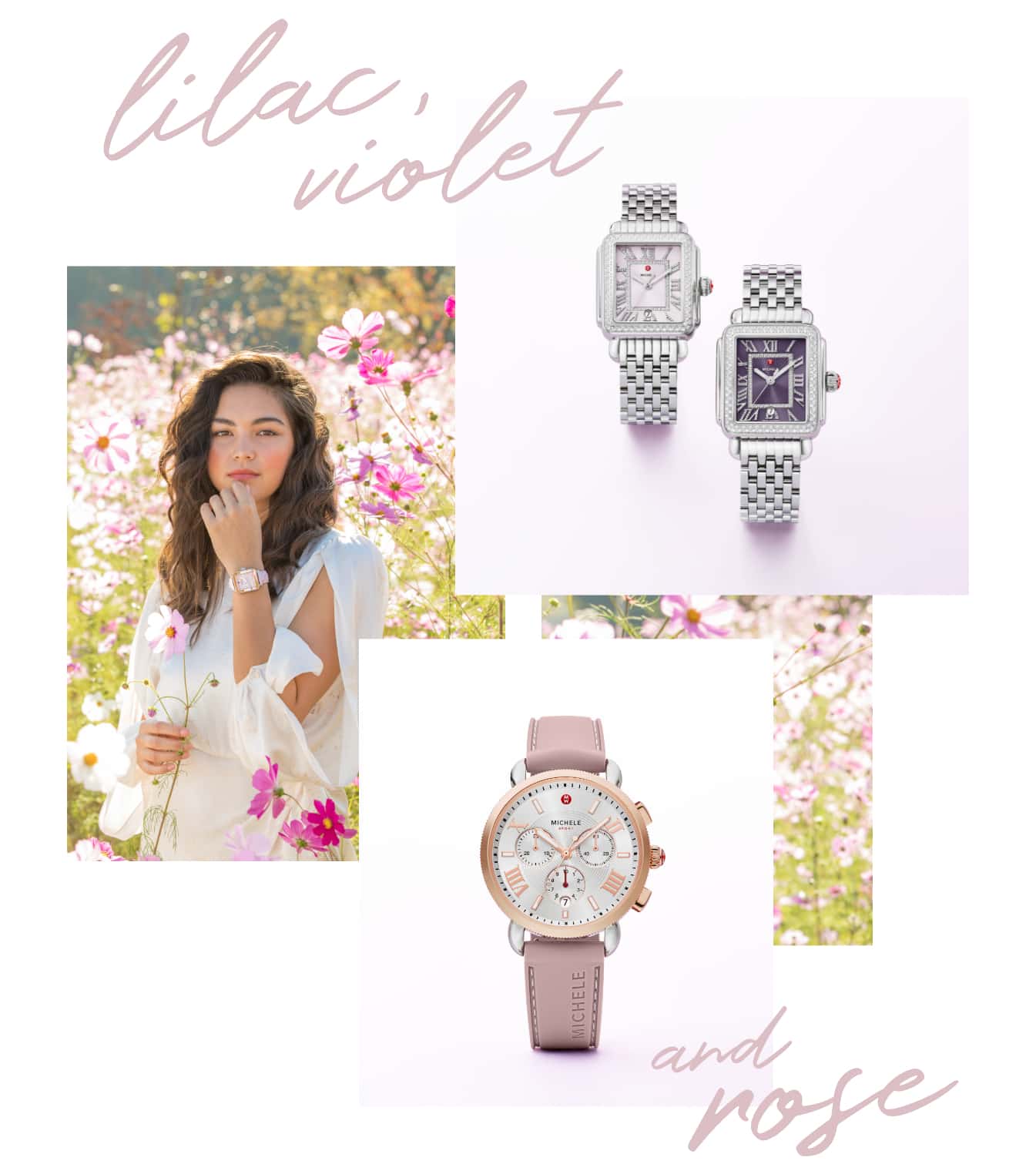 Two Deco Madison watches featuring lilac and violet dials with diamond-covered Roman numeral indexes.