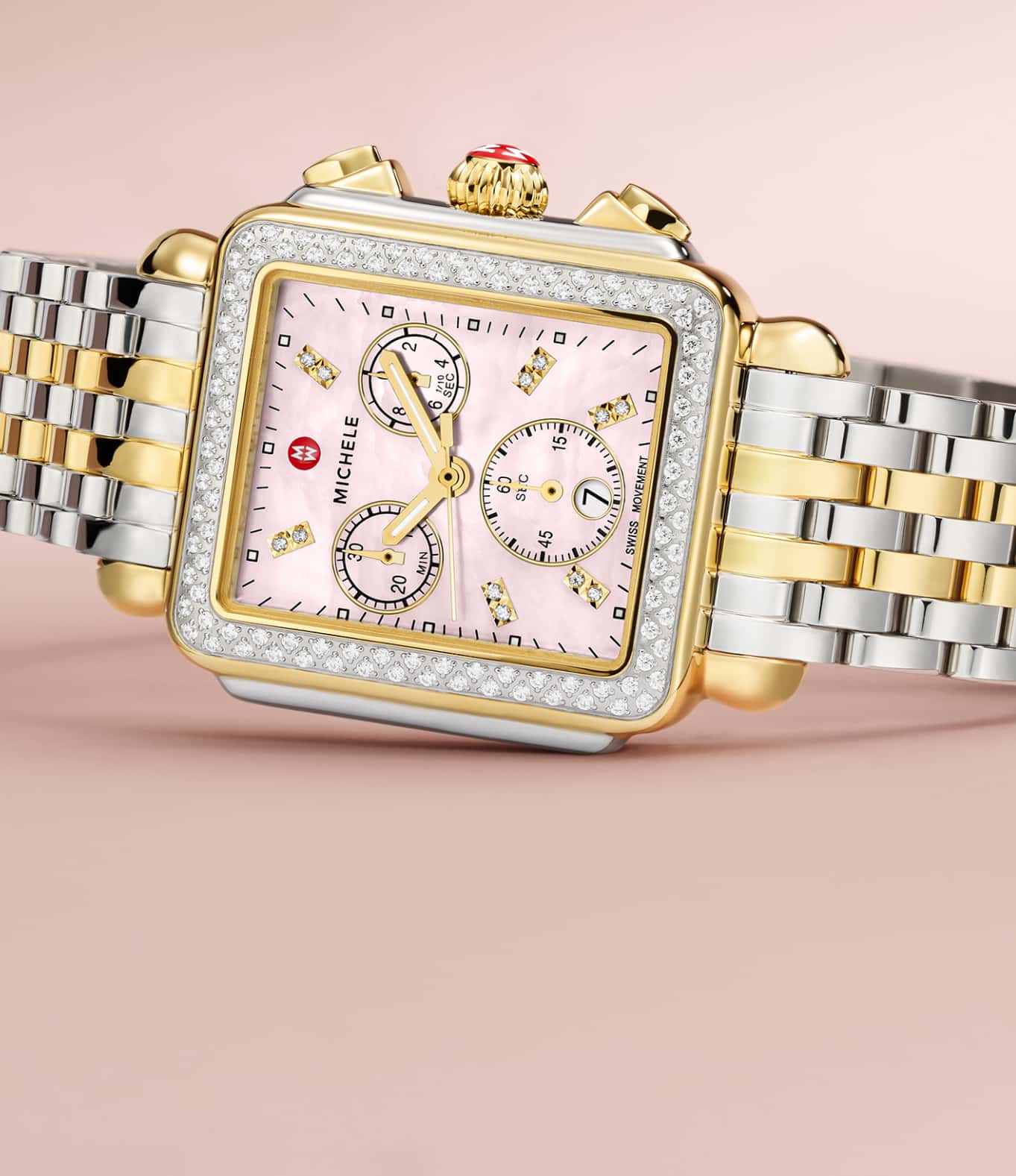 A timeless piece made to be treasured, the two-tone Deco Mid blooms in a country rose mother-of-pearl dial.