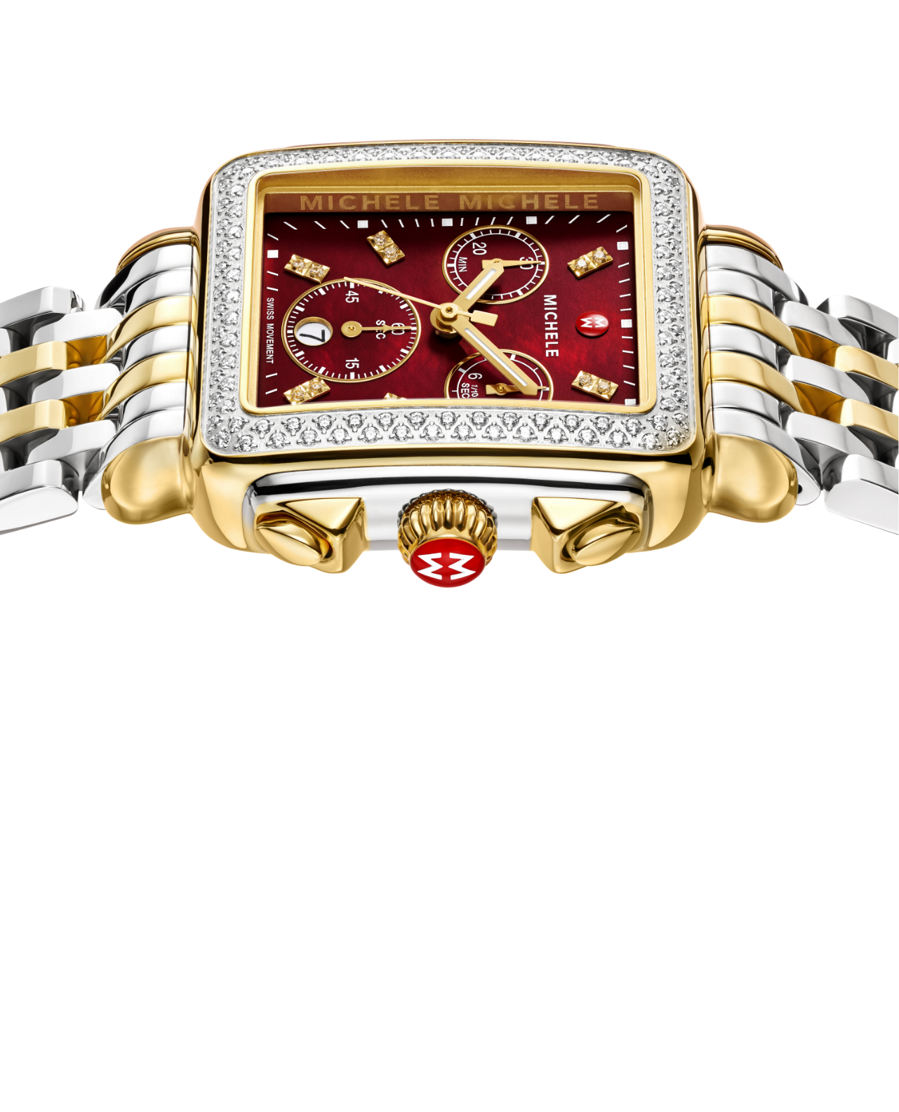 Close up shot of MICHELE Deco watch with a ruby red dial