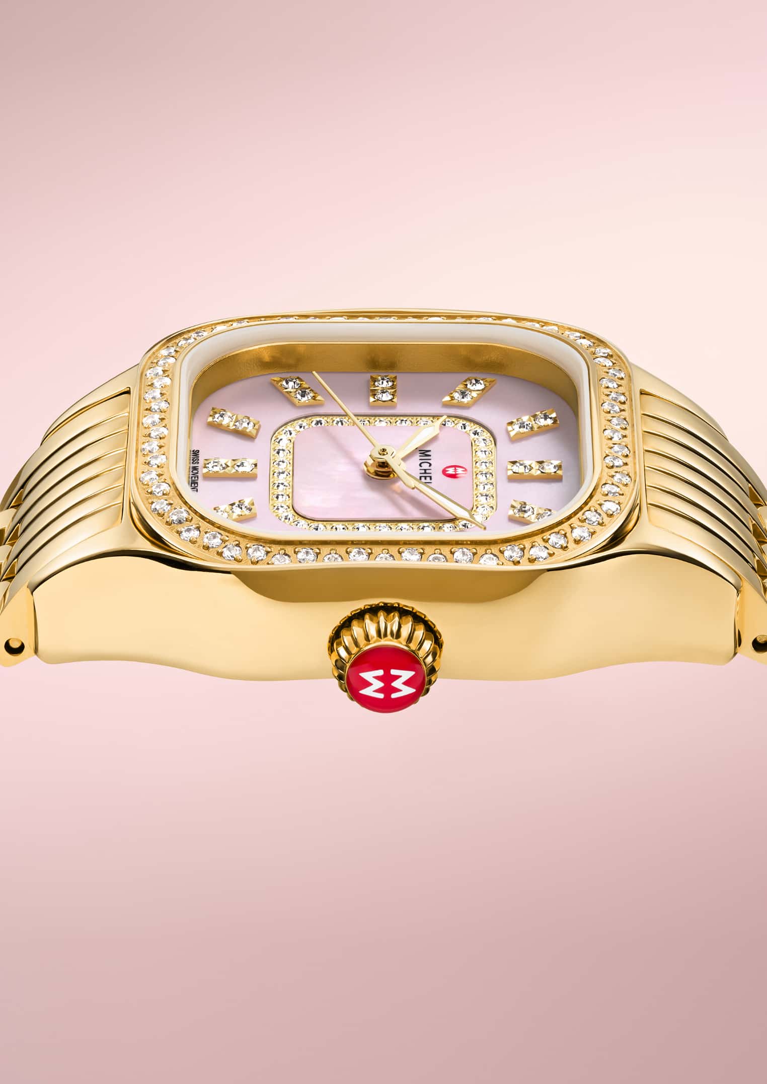 gold and diamond Meggie watch with a pink dial by MICHELE