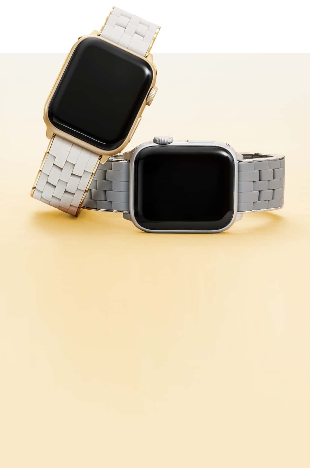 Two silicone wrapped-bands for Apple Watch® in gray and wheat.