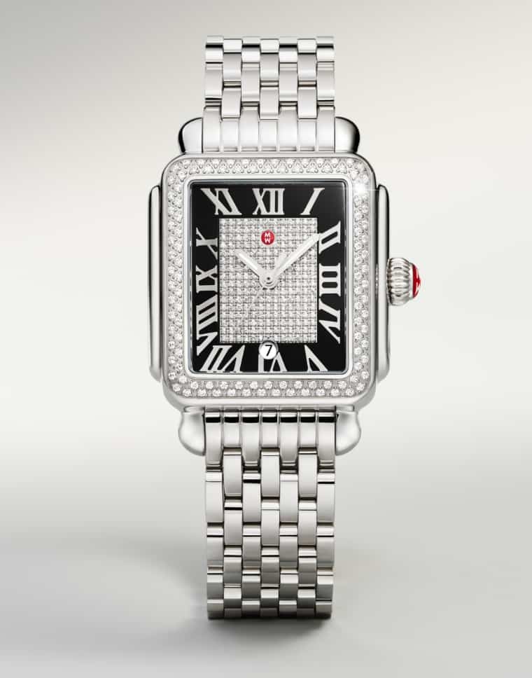 Detail shot of the Limited Edition Deco Madison Pavé Noir Stainless Steel watch