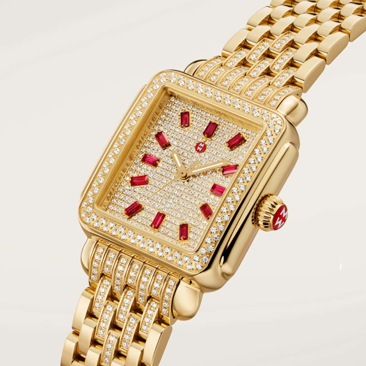 Deco Ruby Pavé watch in all-over gold and diamonds with 12 ruby baguettes
