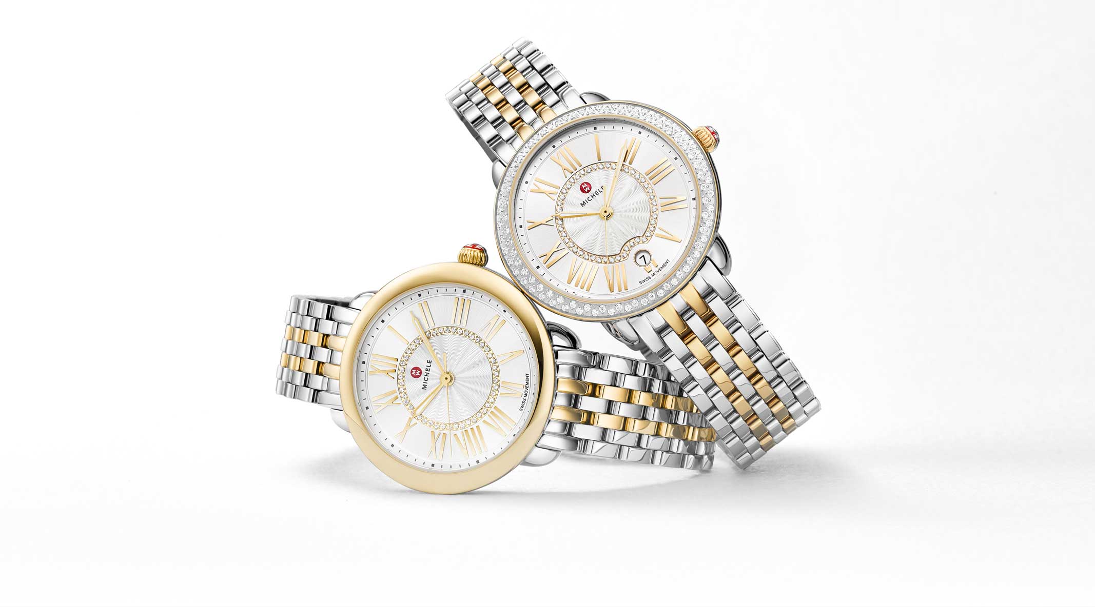 Two serein watches featuring signature round silhouette, Roman numeral indexes, one with a diamond-covered bezel. Both in two-tone stainless and 18K gold.