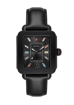 Deco Sport watch in all black featuring a rainbow of topaz indexes, and black leather strap.