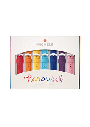 The Carousel Silicone Strap Gift Set featuring seven silicone alligator embossed straps offered in a playful rainbow assortment of fashion colors, including red, orange, yellow, light blue, cobalt, purple and pink.
