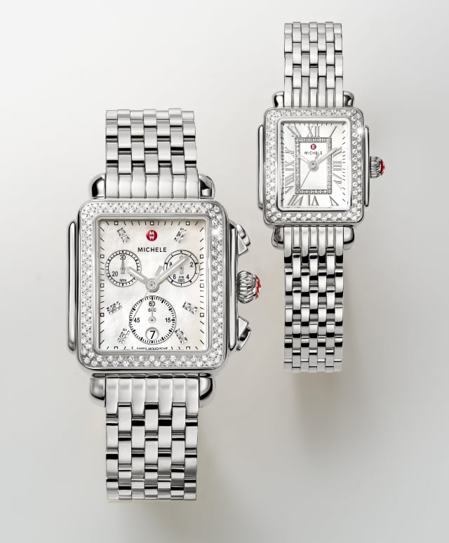 The Deco Diamond Stainless Steel watch shown next to the Deco Madison Mini Diamond Stainless Steel watch. Deco 33mm X 35mm case. Deco Madison Mini 23mm x 24mm case.