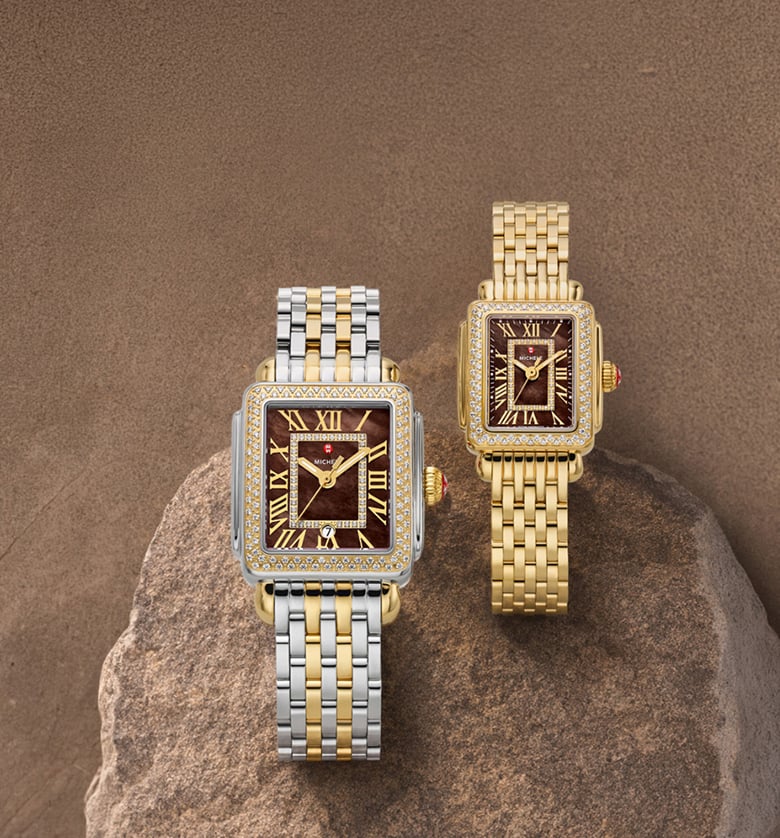 a soldier shot of two tone Deco Madison Mid and gold plated Deco Madison Mini in Chocolate Brown